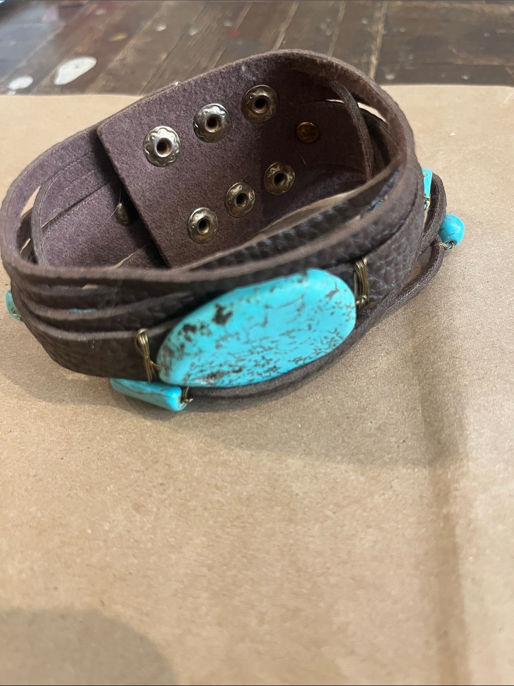 Brown Leather Wrap Bracelet with Turquoise Stone